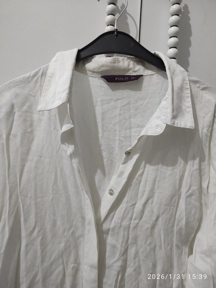 Beyaz Uzun Kollu Keten Midi Gömlek - Görsel 2