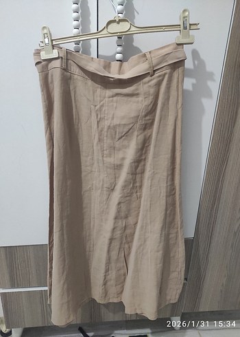 Düğmeli Bej Uzun Keten Etek - Görsel 4