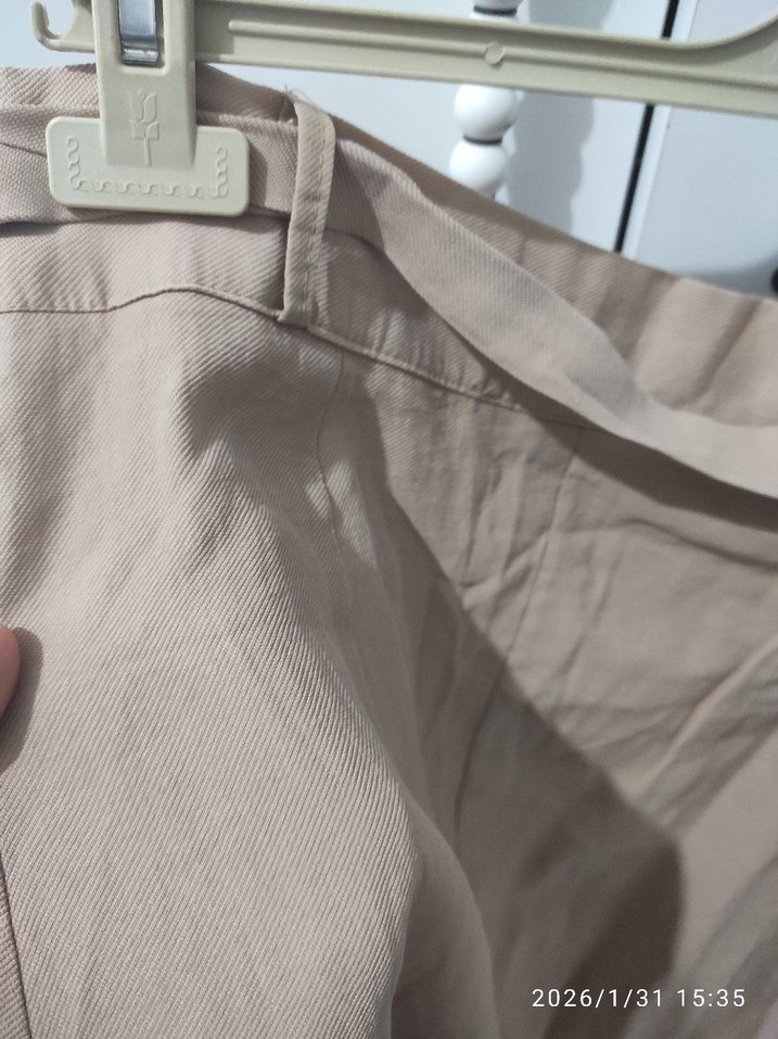 Düğmeli Bej Uzun Keten Etek - Görsel 5