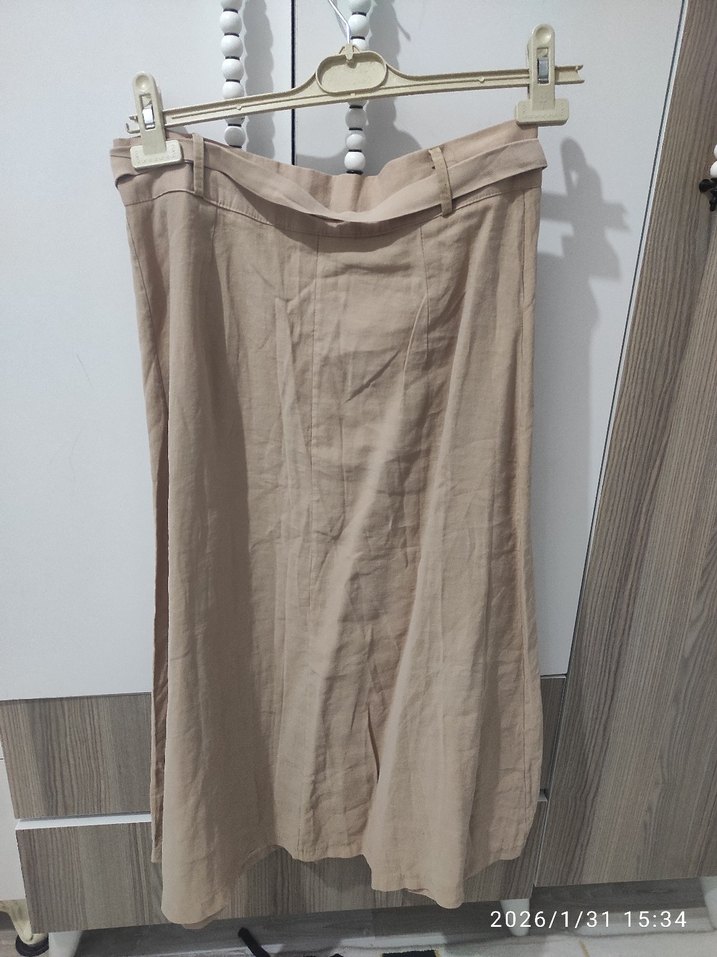 Düğmeli Bej Uzun Keten Etek - Görsel 4