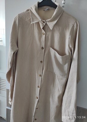Düğmeli Bej Keten Uzun Kollu Kadın Gömlek - Görsel 2