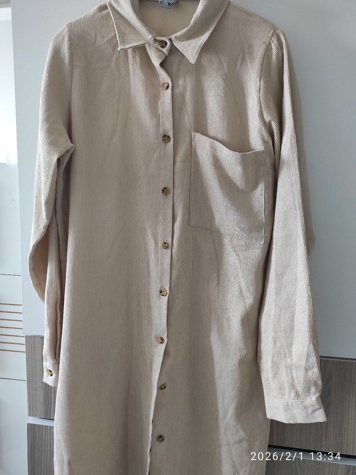 Düğmeli Bej Keten Uzun Kollu Kadın Gömlek - Görsel 4