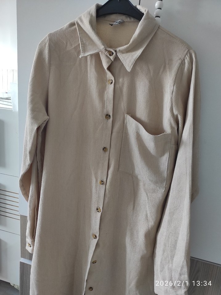 Düğmeli Bej Keten Uzun Kollu Kadın Gömlek - Görsel 2