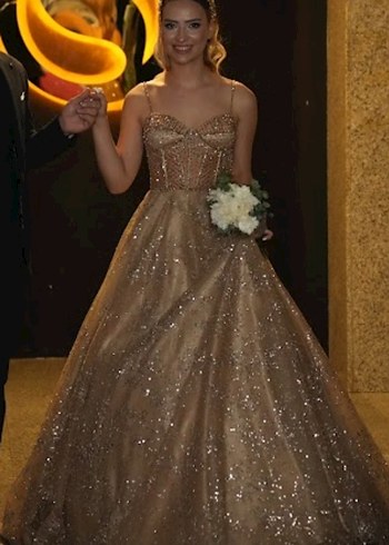 İşlemeli Bej Uzun Abiye Elbise - Görsel 2