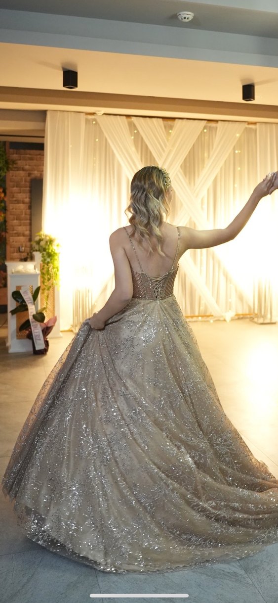 İşlemeli Bej Uzun Abiye Elbise - Görsel 3