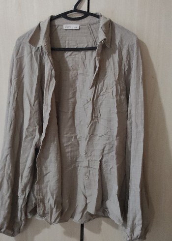 Bej Kadın Keten Gömlek, Salaş Kesim, Uzun Kollu - Görsel 4