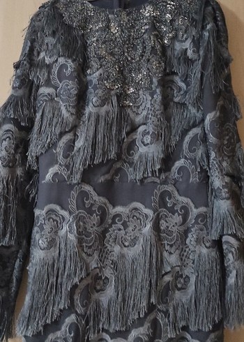 Püsküllü Bohem Gri Uzun Abiye Elbise - Görsel 2