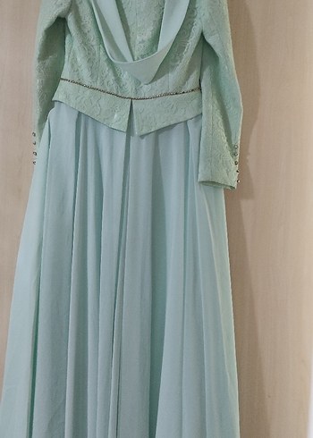 Turkuaz Uzun Kollu Vintage Kadın Abiye - Görsel 7