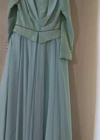 Turkuaz Uzun Kollu Vintage Kadın Abiye - Görsel 6