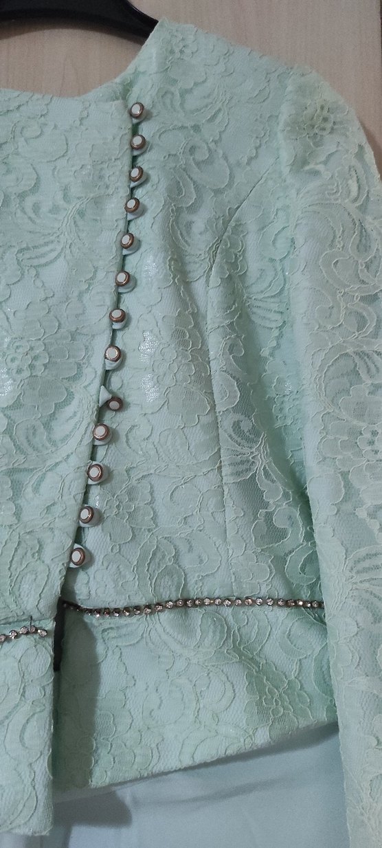 Turkuaz Uzun Kollu Vintage Kadın Abiye - Görsel 3