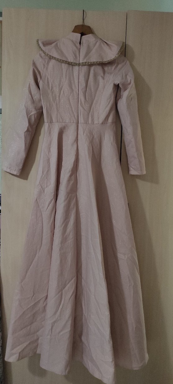 Bej Uzun Kollu Drapeli Kadın Abiye Elbise - Görsel 3