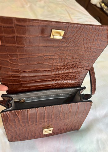 Kahverengi Parlak Yılan Desenli Deri Çanta - Görsel 4