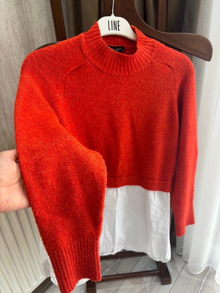 Turuncu  Örgü Kadın Kısa Kazak - Görsel 3