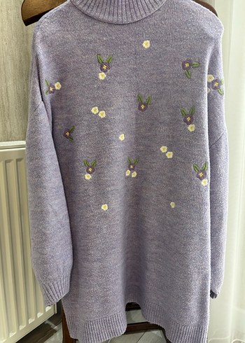 Lila Nakışlı Uzun Kollu Triko Kazak - Görsel 2