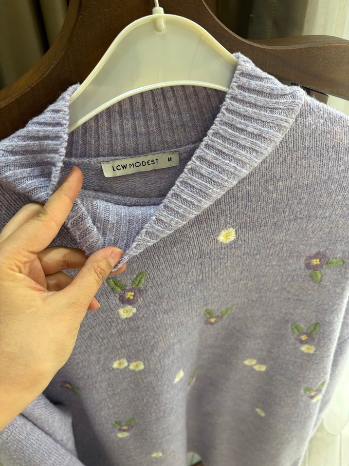 Lila Nakışlı Uzun Kollu Triko Kazak - Görsel 5