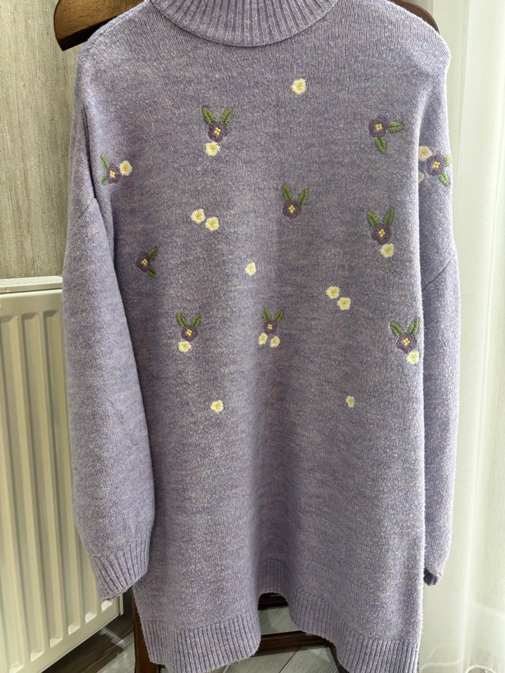 Lila Nakışlı Uzun Kollu Triko Kazak - Görsel 2