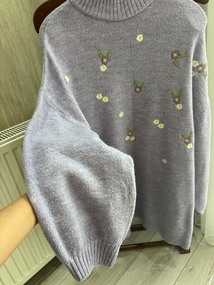 Lila Nakışlı Uzun Kollu Triko Kazak - Görsel 3