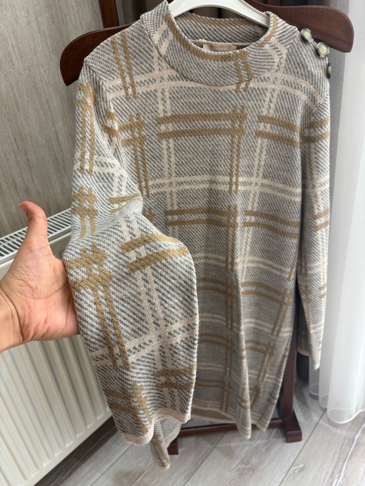 Ekose Desenli Uzun Kollu Triko Kadın Kazak - Görsel 2