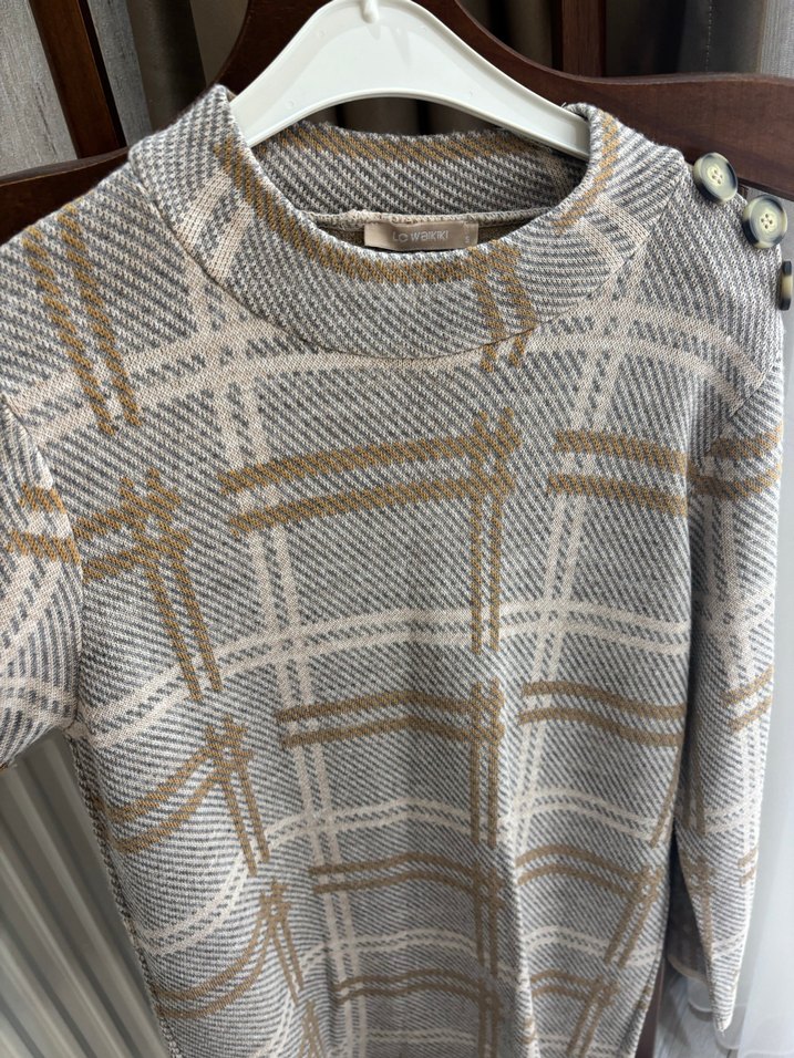 Ekose Desenli Uzun Kollu Triko Kadın Kazak - Görsel 4