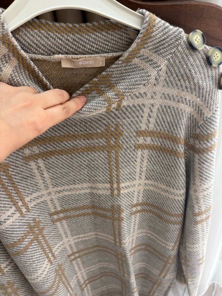 Ekose Desenli Uzun Kollu Triko Kadın Kazak - Görsel 5