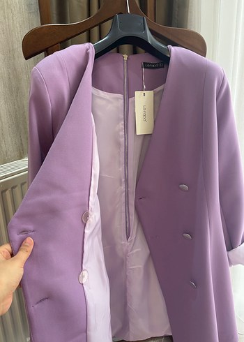 Düğmeli Mor Uzun Kesim Kadın Blazer - Görsel 5