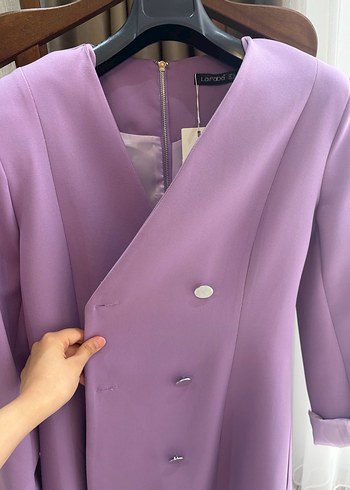 Düğmeli Mor Uzun Kesim Kadın Blazer - Görsel 8