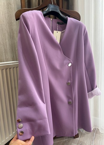 Düğmeli Mor Uzun Kesim Kadın Blazer - Görsel 3