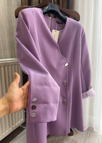 Düğmeli Mor Uzun Kesim Kadın Blazer - Görsel 2