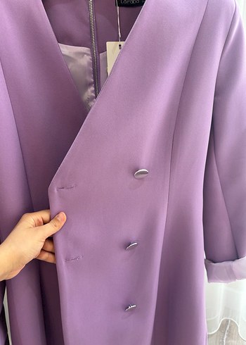 Düğmeli Mor Uzun Kesim Kadın Blazer - Görsel 7