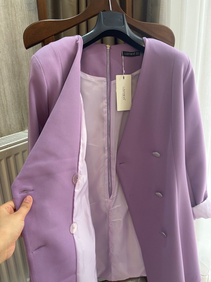 Düğmeli Mor Uzun Kesim Kadın Blazer - Görsel 5