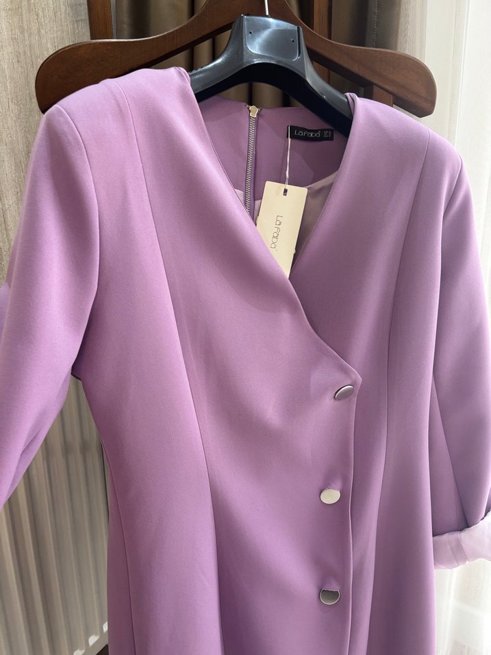 Düğmeli Mor Uzun Kesim Kadın Blazer - Görsel 4