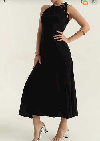 Siyah Uzun Askılı Drapeli Kadın Elbise - Görsel 3