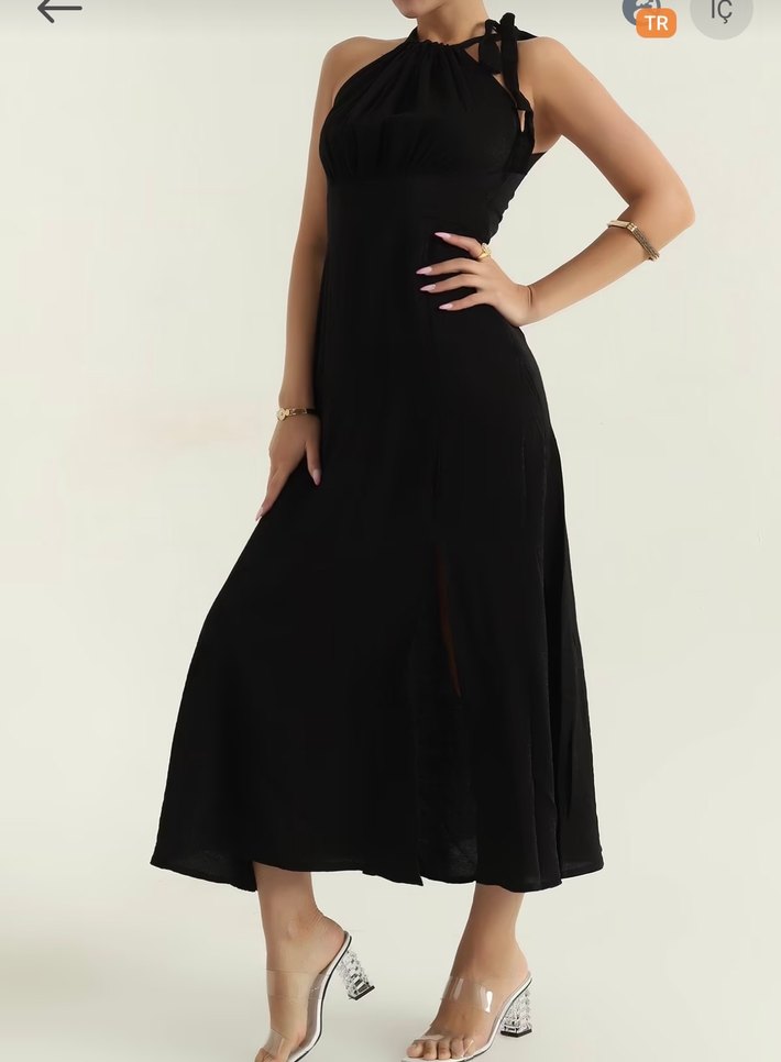 Siyah Uzun Askılı Drapeli Kadın Elbise - Görsel 3