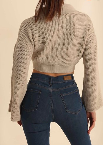Düğmeli Bej Mini Triko Kazak - Görsel 4