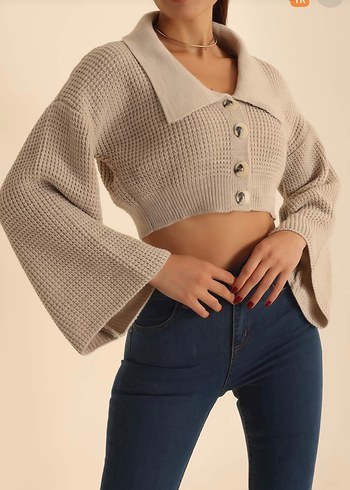 Düğmeli Bej Mini Triko Kazak - Görsel 2