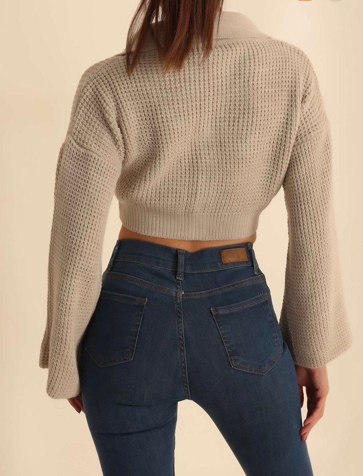 Düğmeli Bej Mini Triko Kazak - Görsel 4