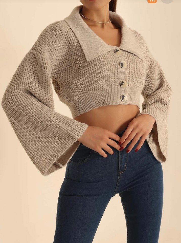 Düğmeli Bej Mini Triko Kazak - Görsel 2