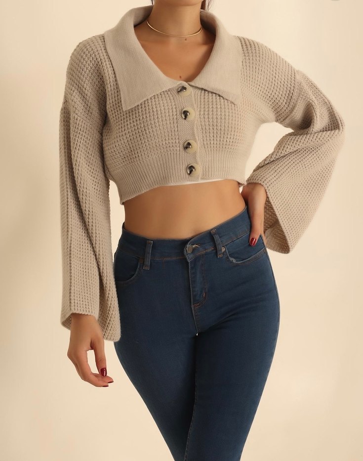 Düğmeli Bej Mini Triko Kazak - Görsel 3