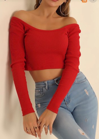 Kırmızı Uzun Kollu Kayık Yaka Crop Bluz - Görsel 2