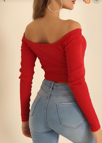 Kırmızı Uzun Kollu Kayık Yaka Crop Bluz - Görsel 4