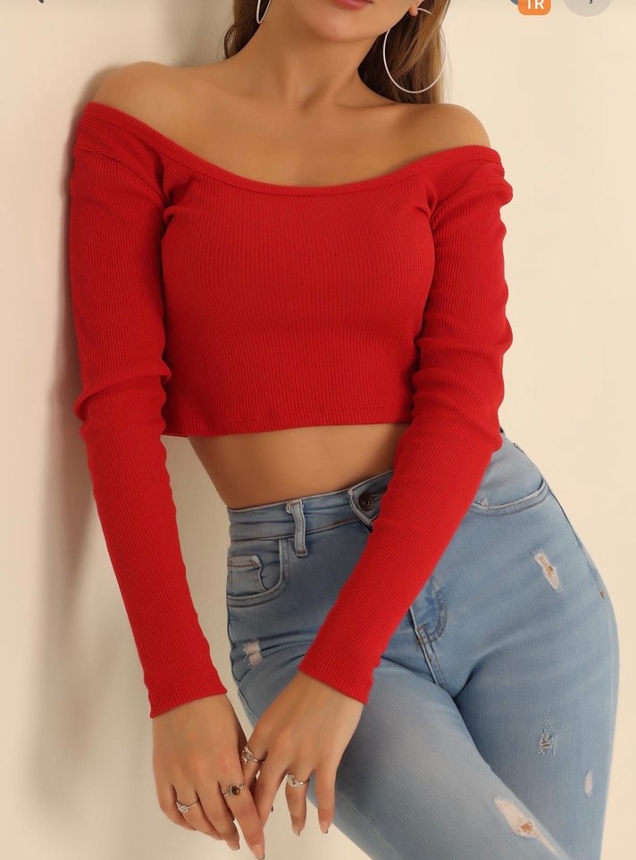 Kırmızı Uzun Kollu Kayık Yaka Crop Bluz - Görsel 2