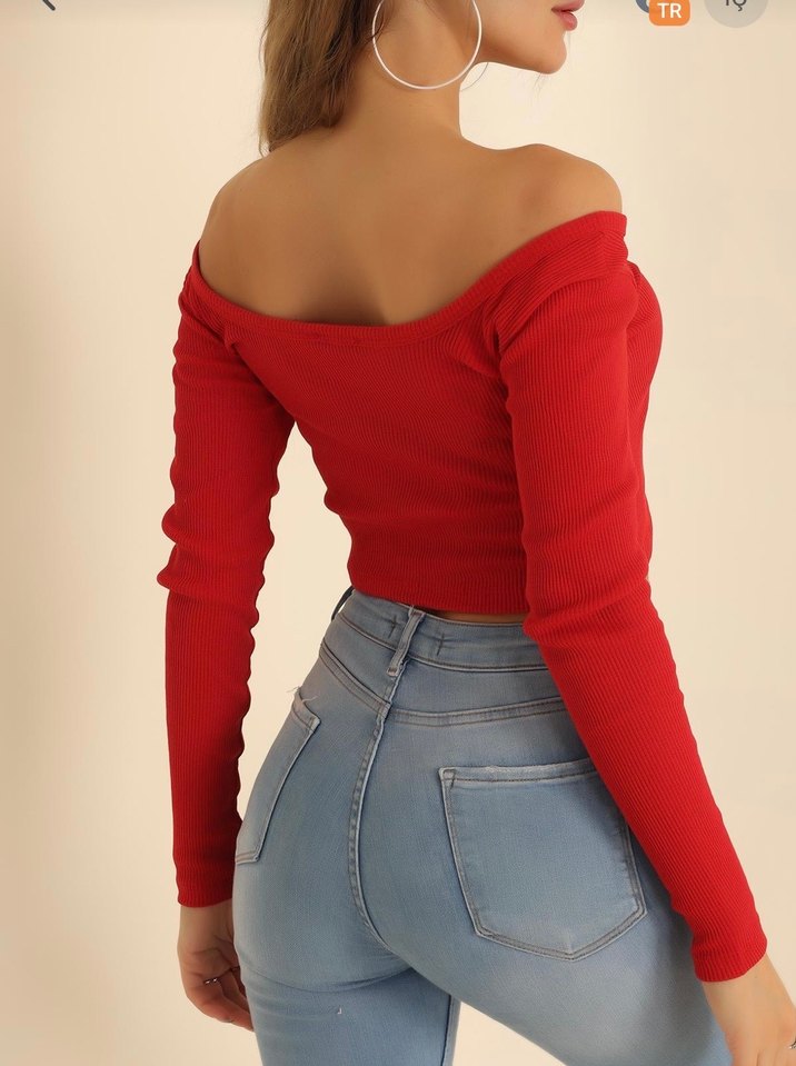 Kırmızı Uzun Kollu Kayık Yaka Crop Bluz - Görsel 4