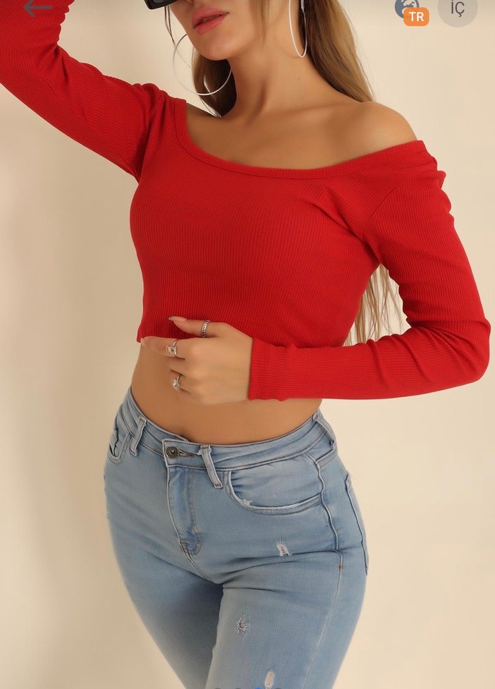 Kırmızı Uzun Kollu Kayık Yaka Crop Bluz - Görsel 3