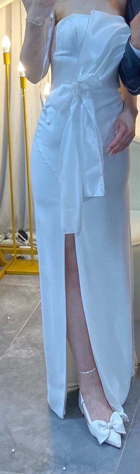 Beyaz Drapeli Straplez Söz Nişan Elbisesi - Görsel 4