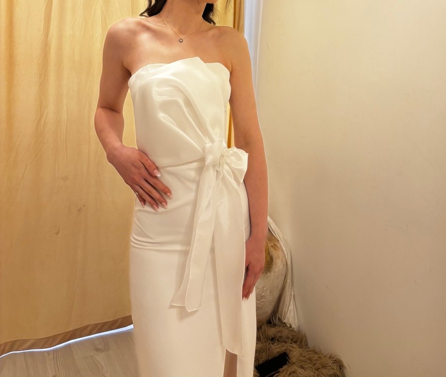 Beyaz Drapeli Straplez Söz Nişan Elbisesi - Görsel 3