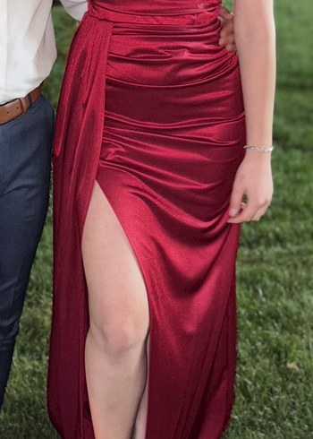 Bordo Drapeli Uzun Abiye Elbise - Görsel 6