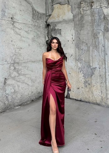 Bordo Drapeli Uzun Abiye Elbise - Görsel 4