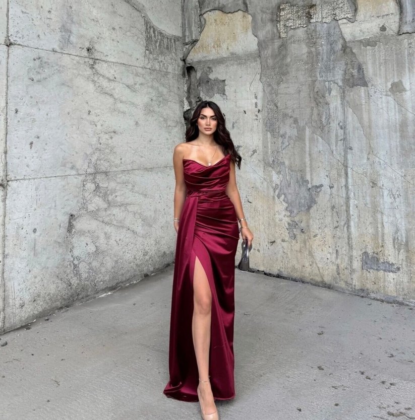 Bordo Drapeli Uzun Abiye Elbise - Görsel 4