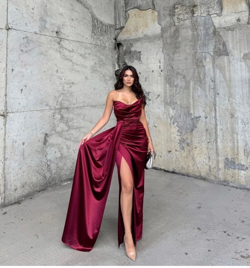 Bordo Drapeli Uzun Abiye Elbise - Görsel 3