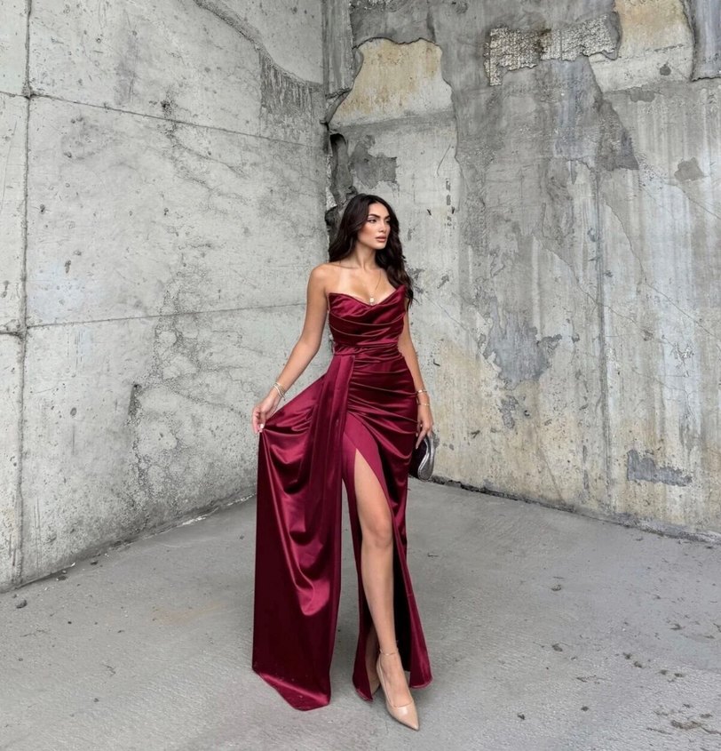 Bordo Drapeli Uzun Abiye Elbise - Görsel 5